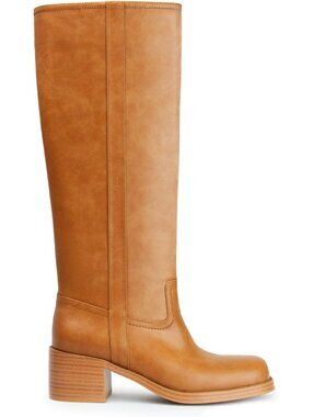 Women's Brown Square Toe Chunky Block Heel Wide Calf Riding Long Knee High Boot